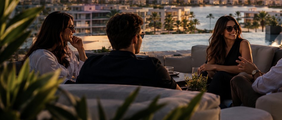 Friends talking on a rooftop terrace overlooking a lagoon community at sunset